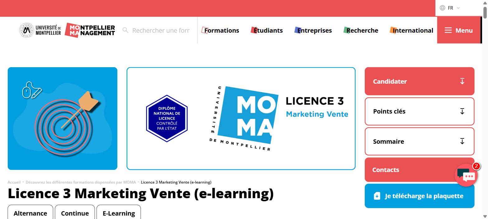 The Licence 3 Marketing Vente e-learning page on the Montpellier Management website