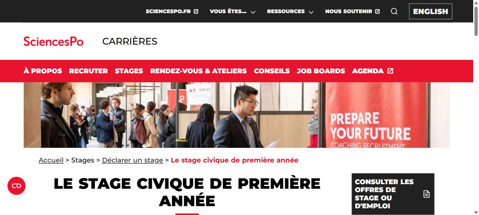 The first-year civic internship page on the Sciences Po Careers website